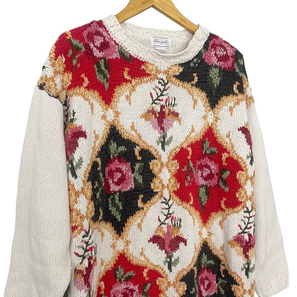 Vintage Bold Floral Embroidered Grandma core  Crew-Neck Knit Women's XL tall - Picture 2 of 4